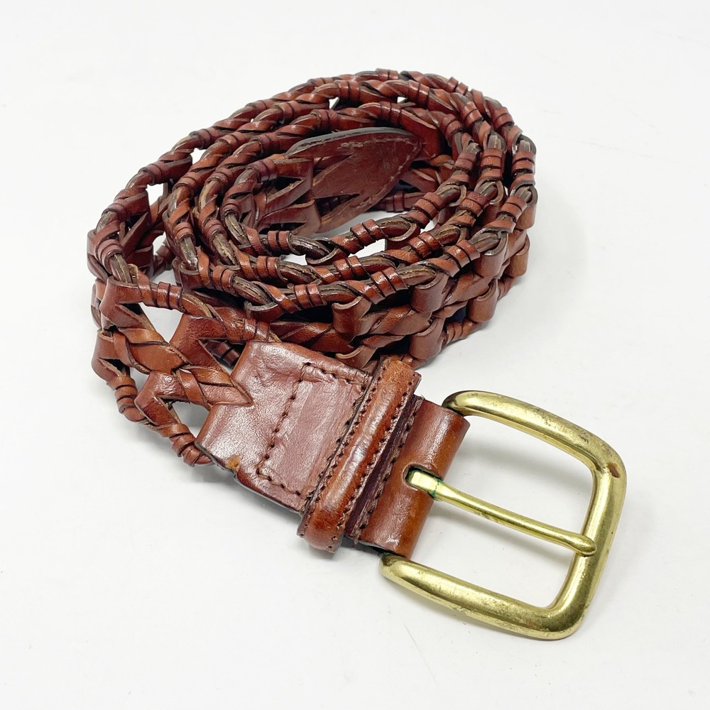 90s Y2K Braided Leather Belt Unisex 32 Brown Excellent Woven Solid Brass India